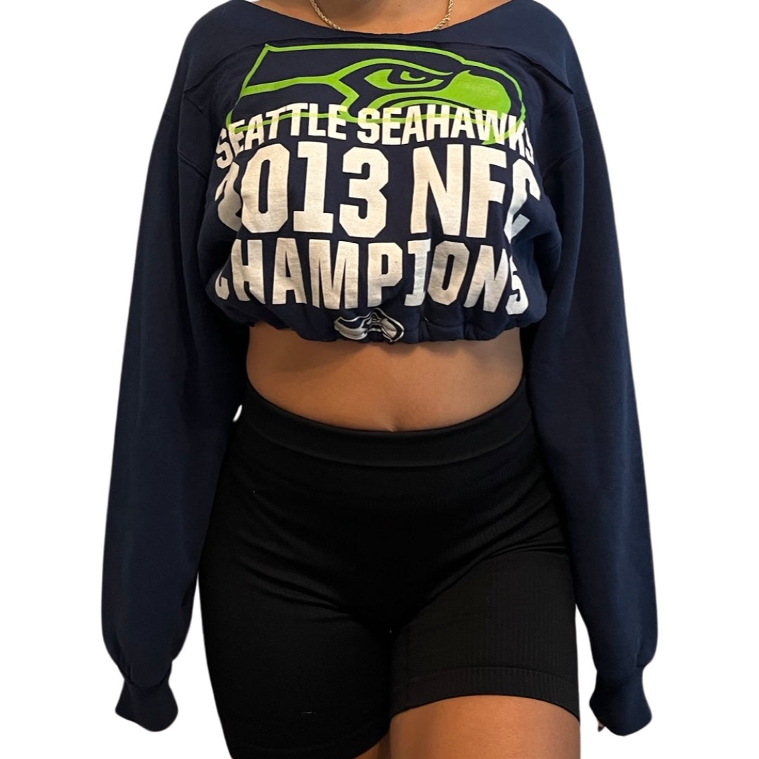 Seattle Seahawks Repurposed Drawstring Crop Sweatshirt