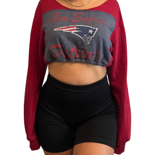 New England Patriots Repurposed Drawstring Crop Sweatshirt